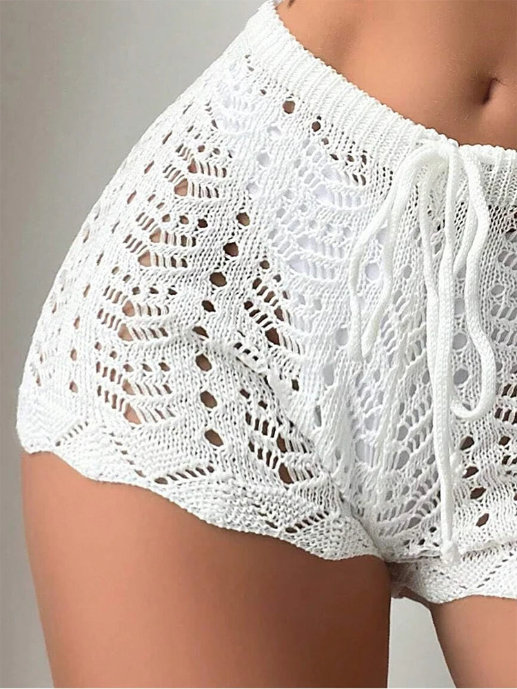 Women's White Crochet Knit Shorts High Waist Elastic Drawstring Hot Pants, Summer Beach Hollow Out Mesh Bottoms