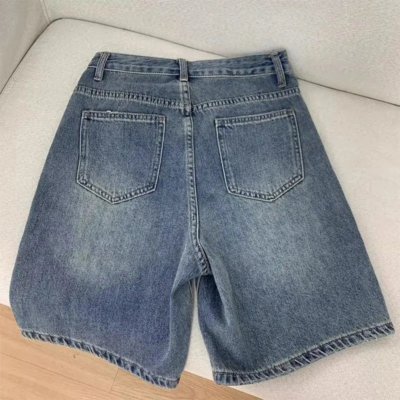 Spring Summer Women Casual Denim Shorts Fashion Female Wide Leg Short Jeans Knee Lenght Denim Pant Women High Waist Shorts Girls