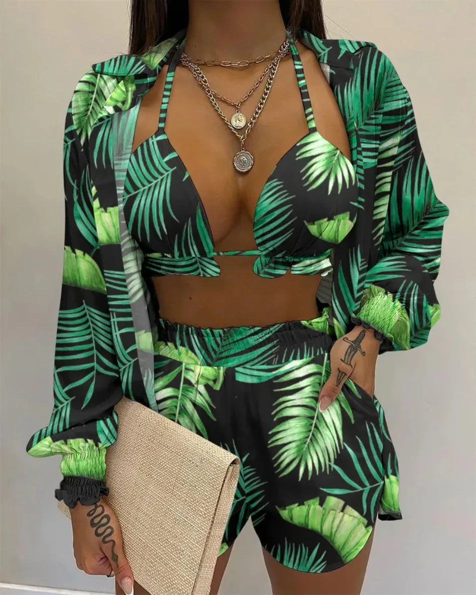 2026 New Bathing Suit Shorts Cover Up Summer Three Pieces Swimwear Sexy Beachwear High Waist Bikini Set Print Women's Swimsuit