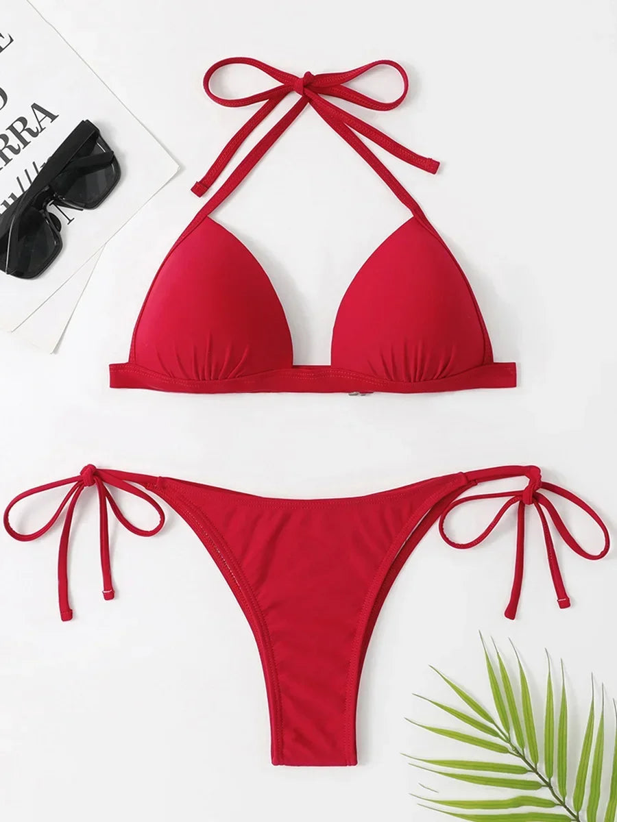 2026 Halter Bra Cup Bikini Sexy Swimsuit Female White Swimwear Women Push up Bikini set Brazilian Bathing Suit Bandeau Swim suit