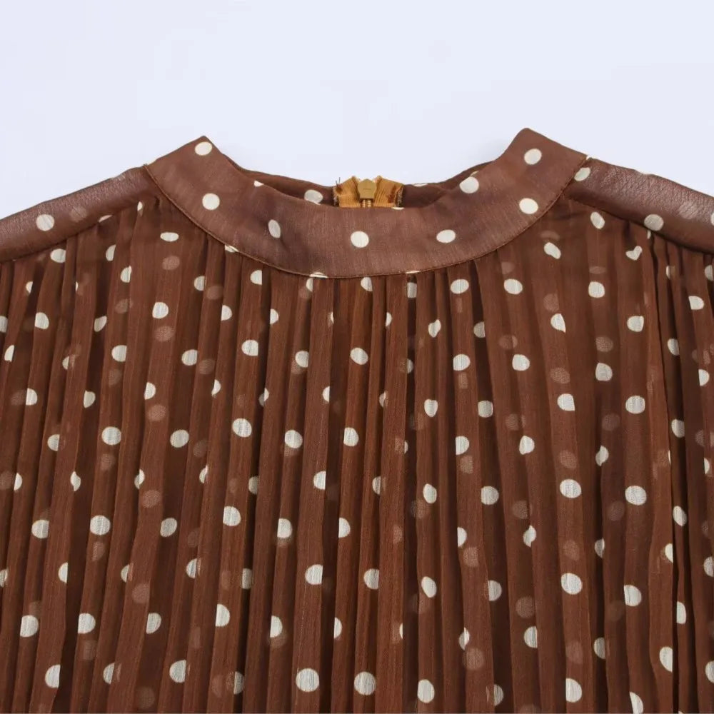 Vintage Brown Polka Dot Print Long Puff Sleeve Chiffon Dress Woman Pleated Front Slim High Waist Ankle Length Dress Robe