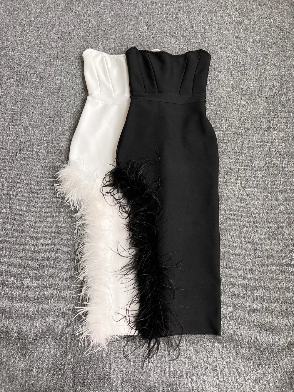 New Women Sexy Strapless Black White Feather Midi Bandage Dress 2026 Split Knitted Elegant Evening Bodycon Party Dress