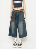 High Waist Black Retro Washed Denim Shorts Women's Harajuku Vintage Fashion Casual Loose Y2K Streetwear Mid Long  Wide Leg Pants