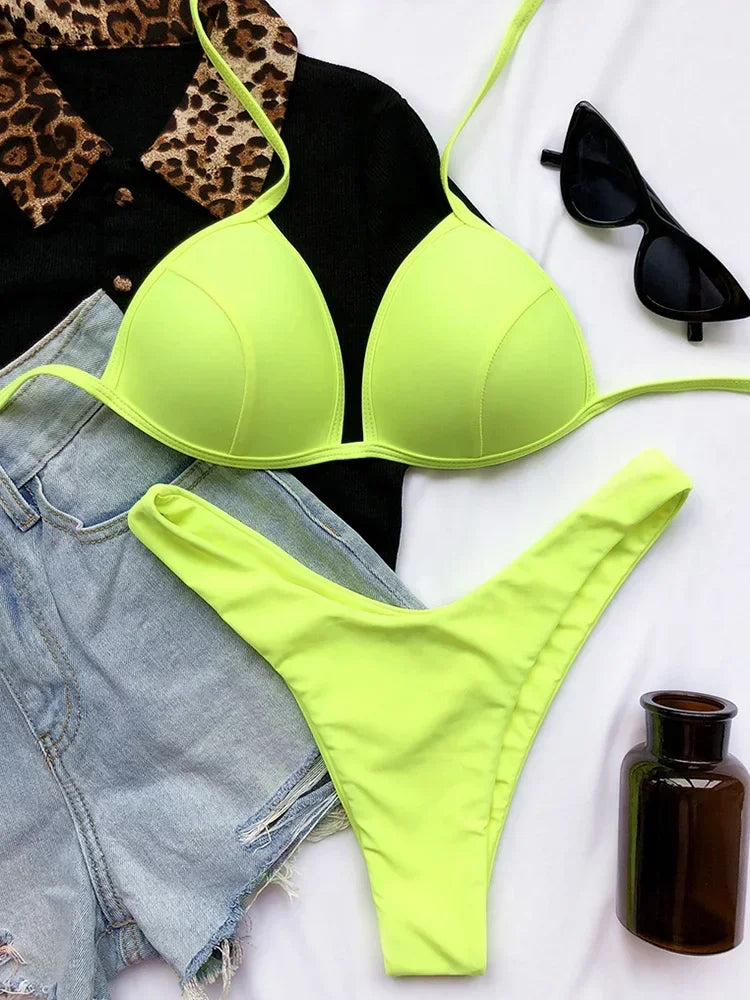 2026 Halter Bra Cup Bikini Sexy Swimsuit Female White Swimwear Women Push up Bikini set Brazilian Bathing Suit Bandeau Swim suit