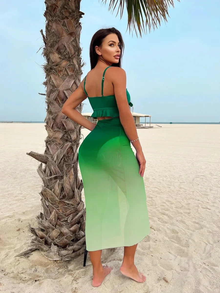 Cikini Sexy Gradient Color Three Piece Swimsuit Mesh Bikinis Set Summer Beach Swimwear Bathing Suit For Women