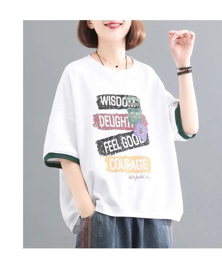 Female Korean Casual Letter Printed Round Neck T-shirt Summer Loose All-match Contrast Color Half Sleeve Tops Womens Clothing