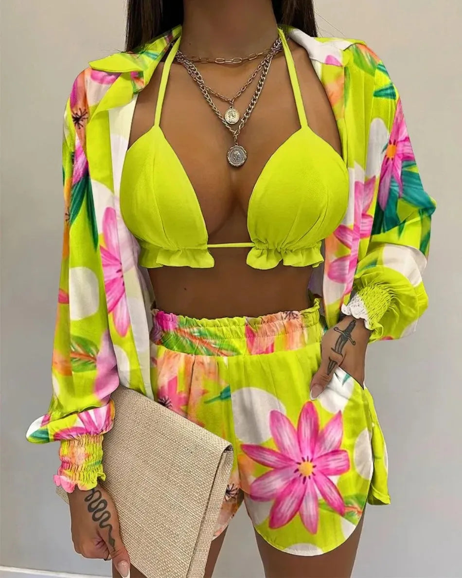2026 New Bathing Suit Shorts Cover Up Summer Three Pieces Swimwear Sexy Beachwear High Waist Bikini Set Print Women's Swimsuit
