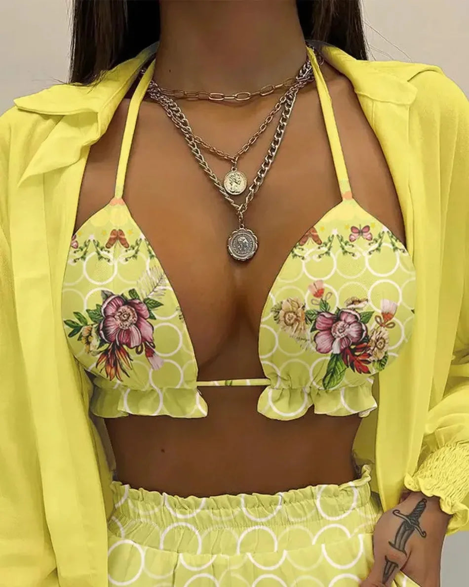 2026 New Bathing Suit Shorts Cover Up Summer Three Pieces Swimwear Sexy Beachwear High Waist Bikini Set Print Women's Swimsuit