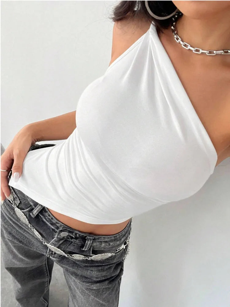 2026 New Fashionable Casual Women's T-Shirt Solid Color Single Shoulder Asymmetrical Slim Fit Top One-Piece Neck