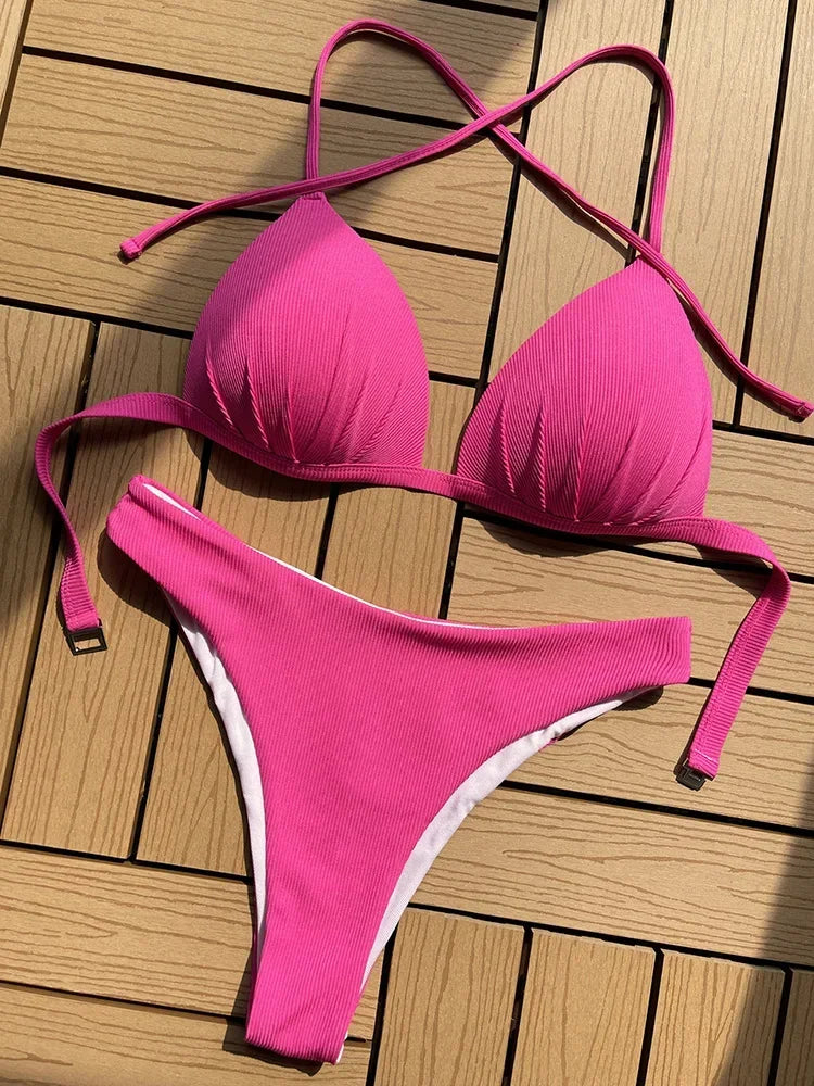 2026 Halter Bra Cup Bikini Sexy Swimsuit Female White Swimwear Women Push up Bikini set Brazilian Bathing Suit Bandeau Swim suit