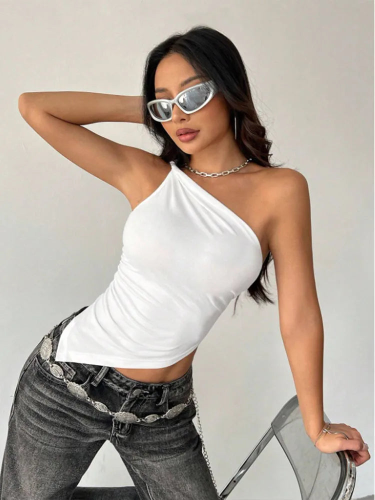 2026 New Fashionable Casual Women's T-Shirt Solid Color Single Shoulder Asymmetrical Slim Fit Top One-Piece Neck