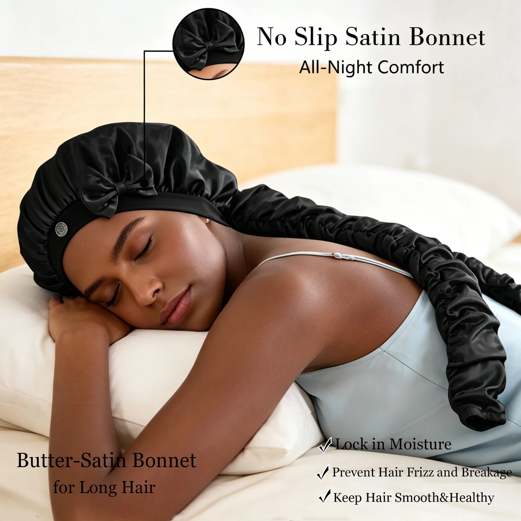 Heatless Curl Satin Bonnet for Sleeping, No Slip Sleep Bonnet with Long Curling Ribbons for Braids & Long Hair