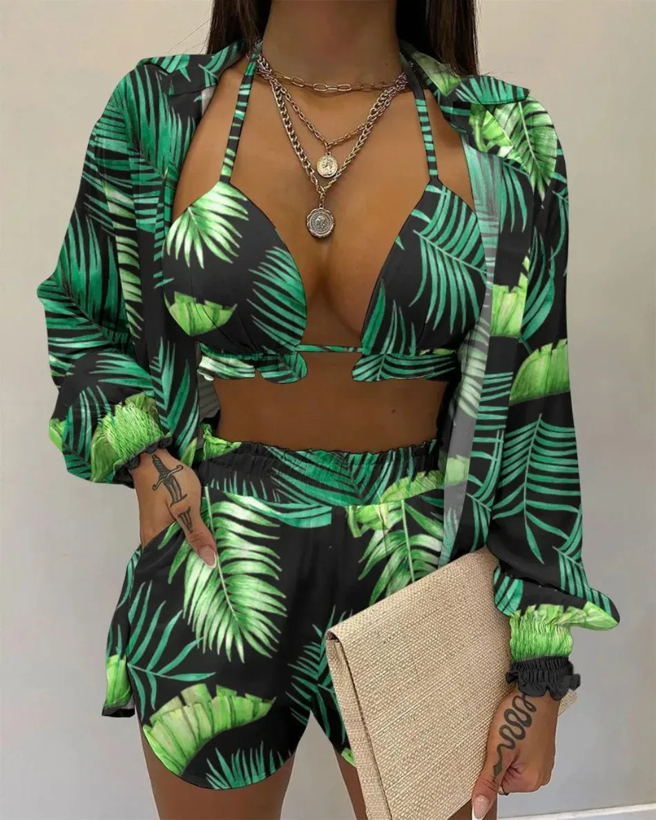 2026 New Bathing Suit Shorts Cover Up Summer Three Pieces Swimwear Sexy Beachwear High Waist Bikini Set Print Women's Swimsuit