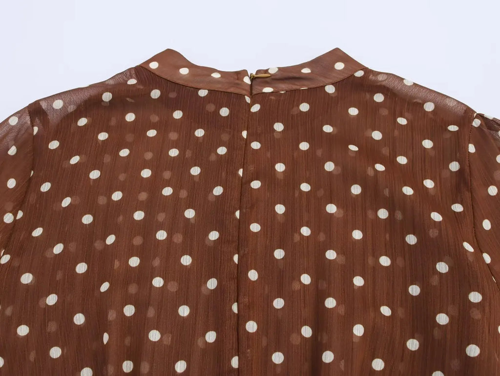 Vintage Brown Polka Dot Print Long Puff Sleeve Chiffon Dress Woman Pleated Front Slim High Waist Ankle Length Dress Robe
