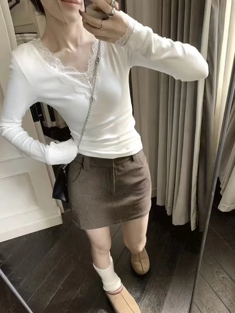 Solid Lace Patchwork Long Sleeve T-shirt Sexy Slim Women Top 2026 Spring Summer New Fashion Korean Style Clothing