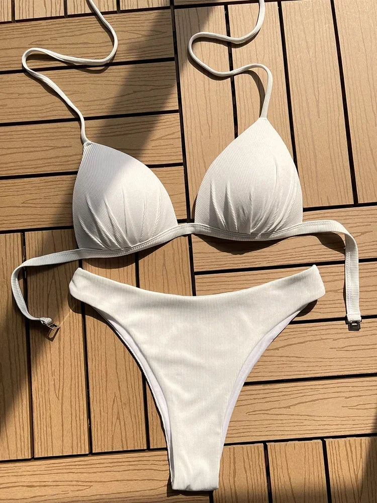 2026 Halter Bra Cup Bikini Sexy Swimsuit Female White Swimwear Women Push up Bikini set Brazilian Bathing Suit Bandeau Swim suit