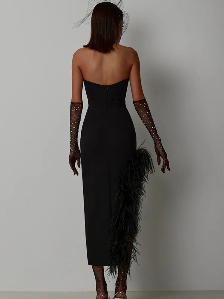 New Women Sexy Strapless Black White Feather Midi Bandage Dress 2026 Split Knitted Elegant Evening Bodycon Party Dress