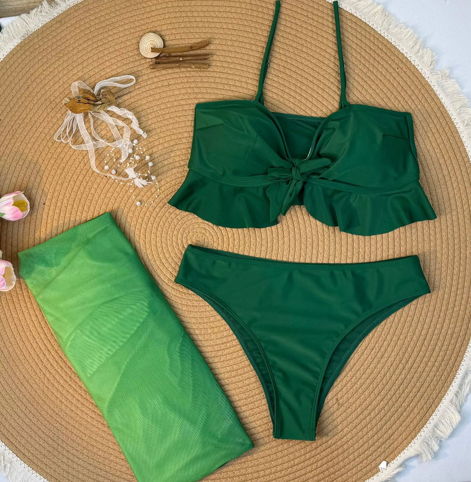 Cikini Sexy Gradient Color Three Piece Swimsuit Mesh Bikinis Set Summer Beach Swimwear Bathing Suit For Women