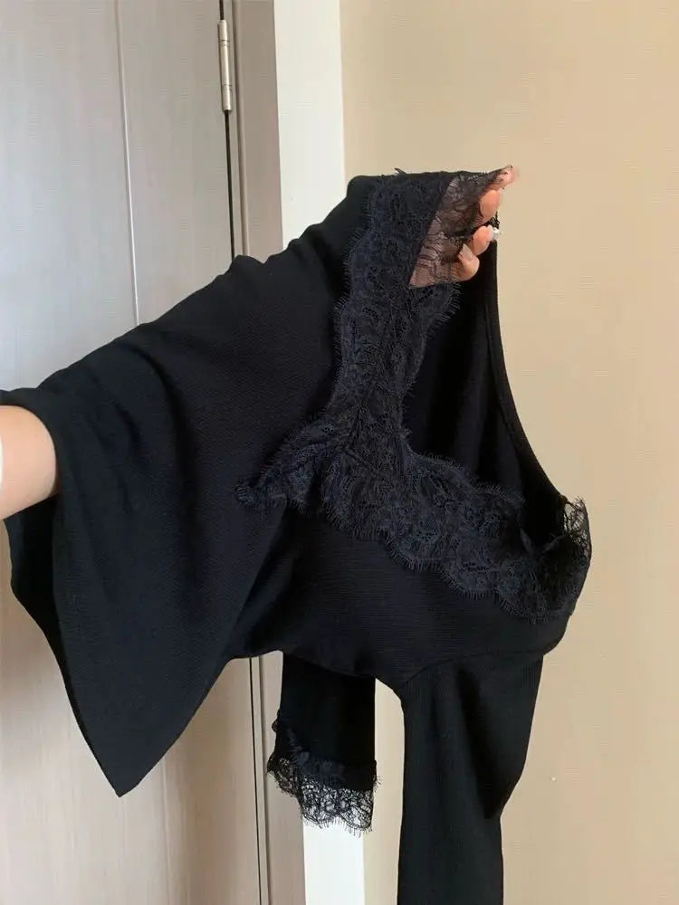 Solid Lace Patchwork Long Sleeve T-shirt Sexy Slim Women Top 2026 Spring Summer New Fashion Korean Style Clothing