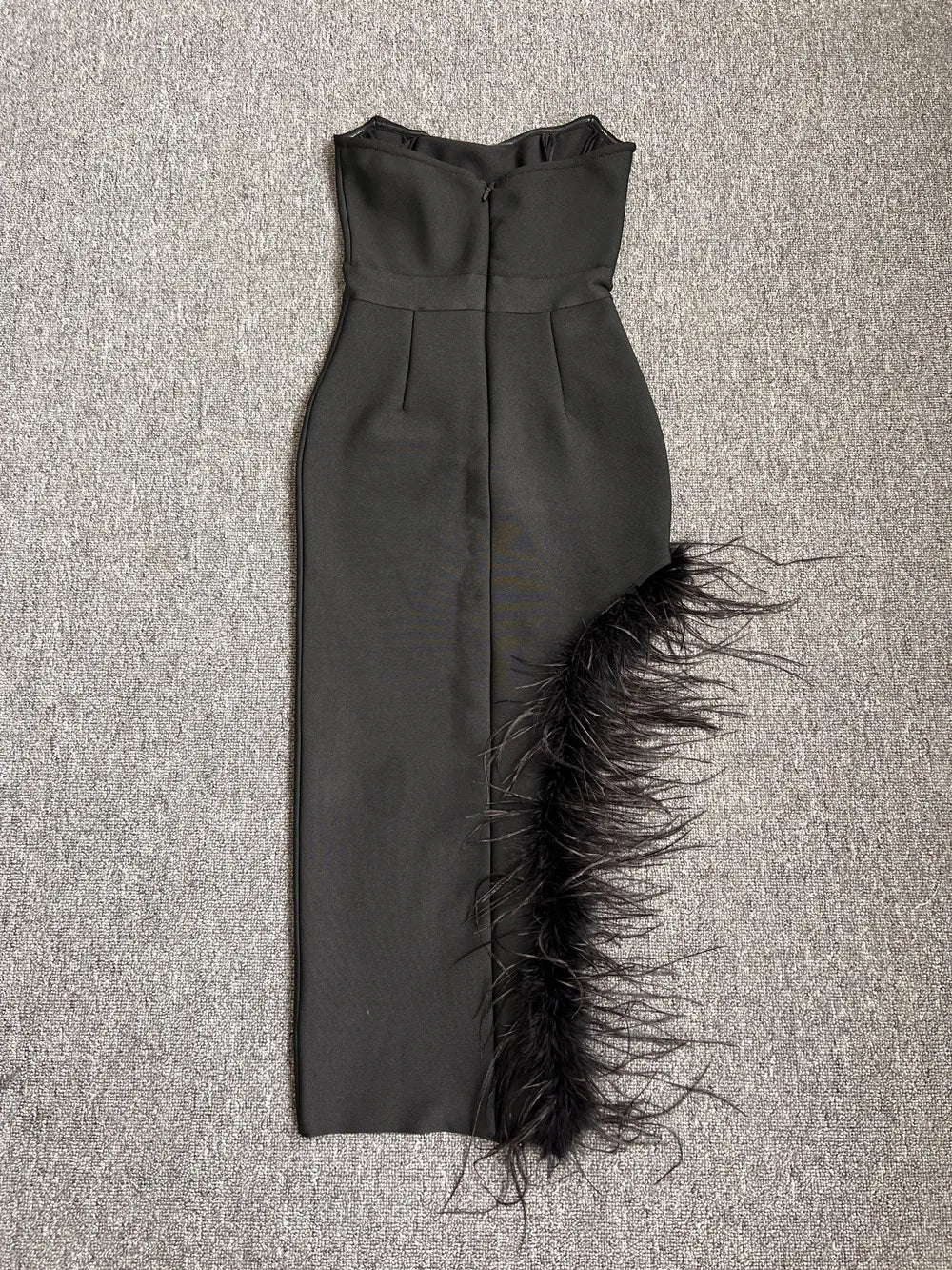 New Women Sexy Strapless Black White Feather Midi Bandage Dress 2026 Split Knitted Elegant Evening Bodycon Party Dress