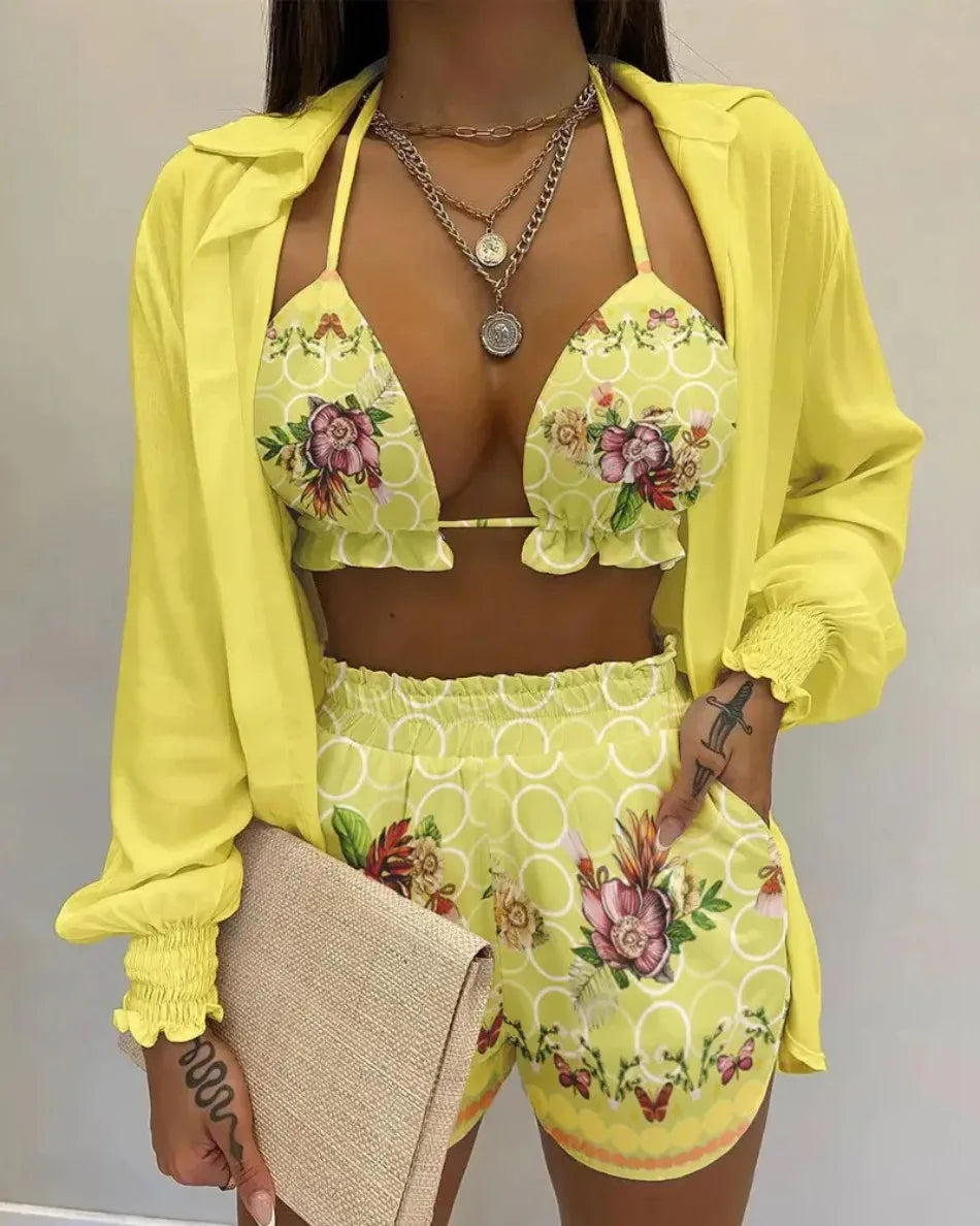 2026 New Bathing Suit Shorts Cover Up Summer Three Pieces Swimwear Sexy Beachwear High Waist Bikini Set Print Women's Swimsuit