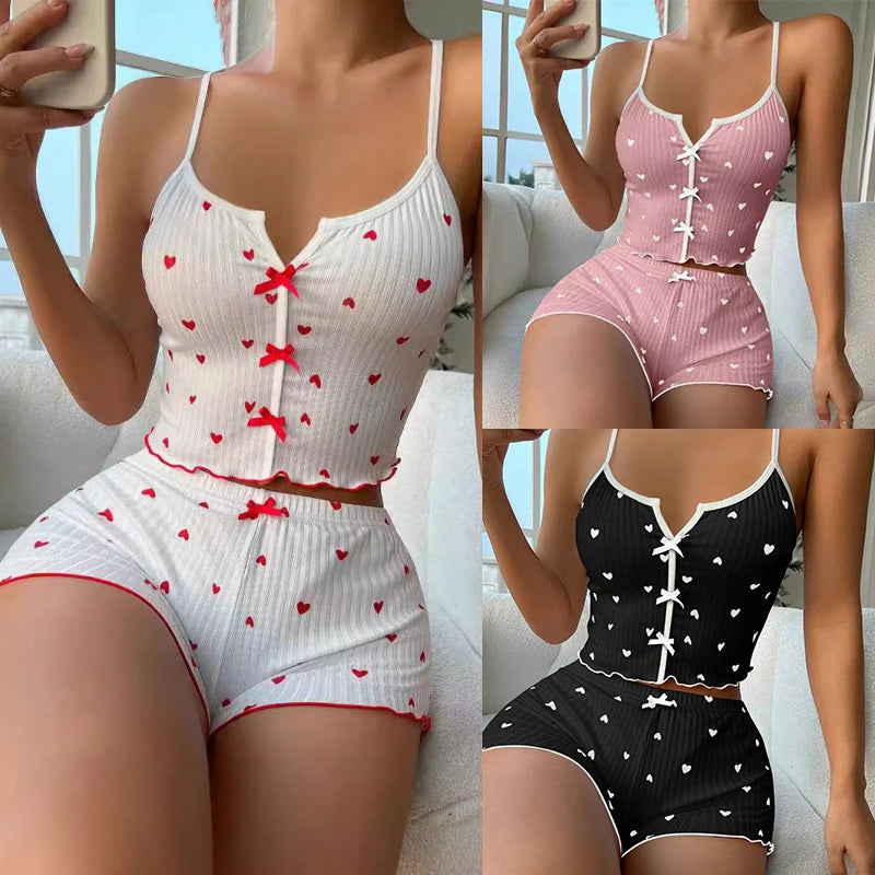 1 Set Sleepwear Women Pajamas Set Heart Print Soft Ribbed Fabric with Flirty Frill Trim Casual Cami Top and Short Set Loungewear