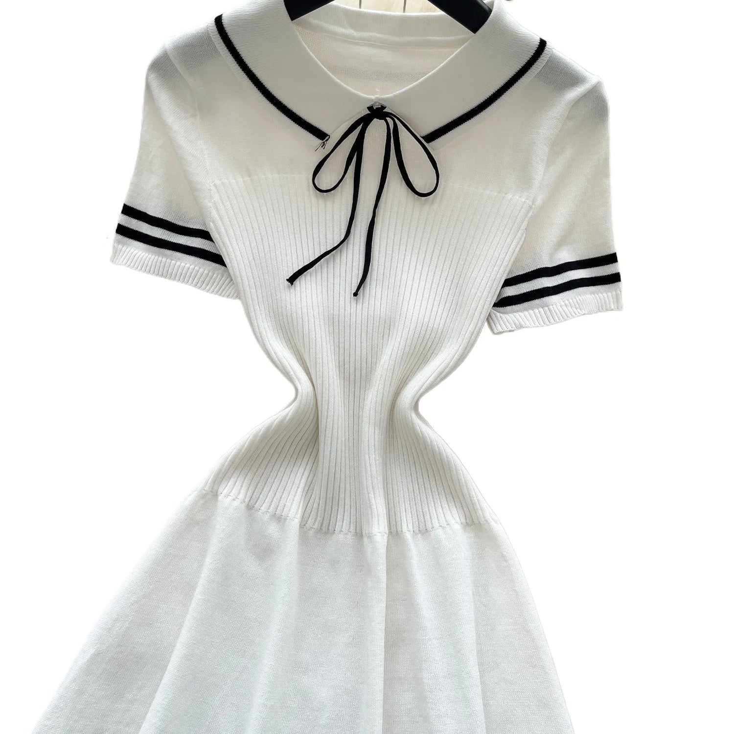 Women's White Short Sleeve Peter Pan Collar Bow Sundress Striped Hem Stretchy Ribbed Knit A-Line Mini Dress Casual Party Dress