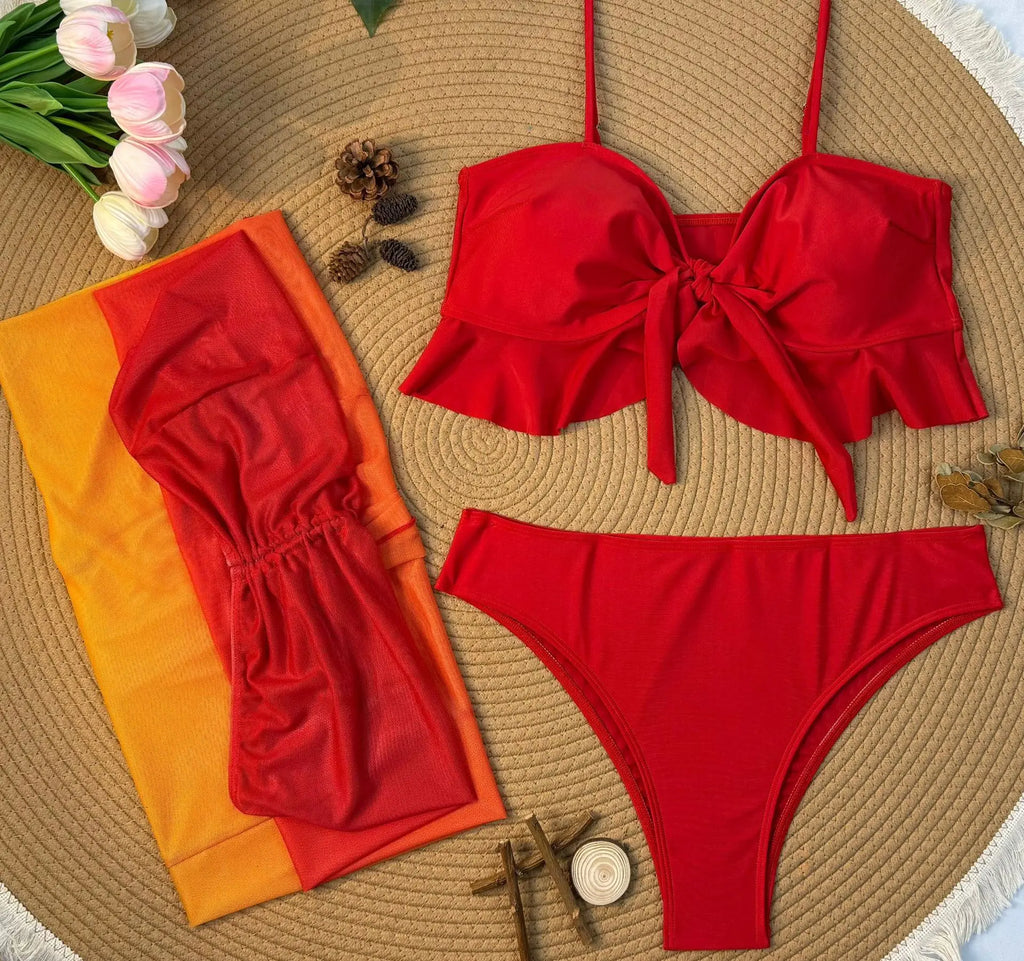 Cikini Sexy Gradient Color Three Piece Swimsuit Mesh Bikinis Set Summer Beach Swimwear Bathing Suit For Women