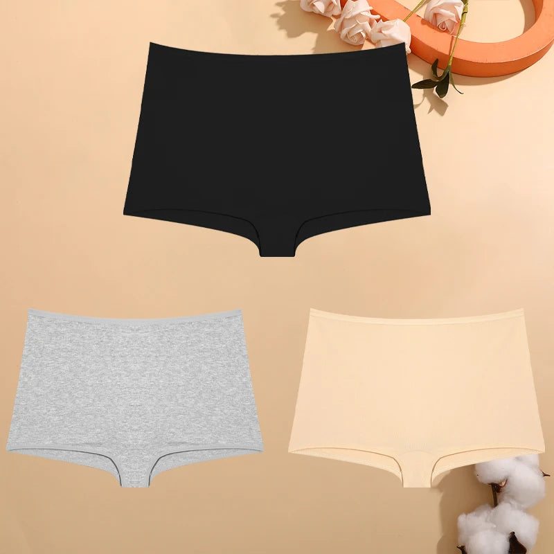 FINETOO 3PCS Women's Cotton Boyshort Panties Breathable Low Waist Solid Colors Underwear Female Casual Sports Boxers Underpants