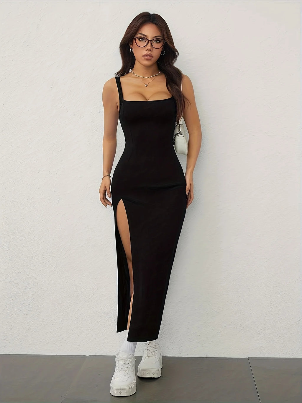 Women's Spring/Summer Sexy Elegant Square Neck Off-Shoulder Backless Split Hip Strappy Dress