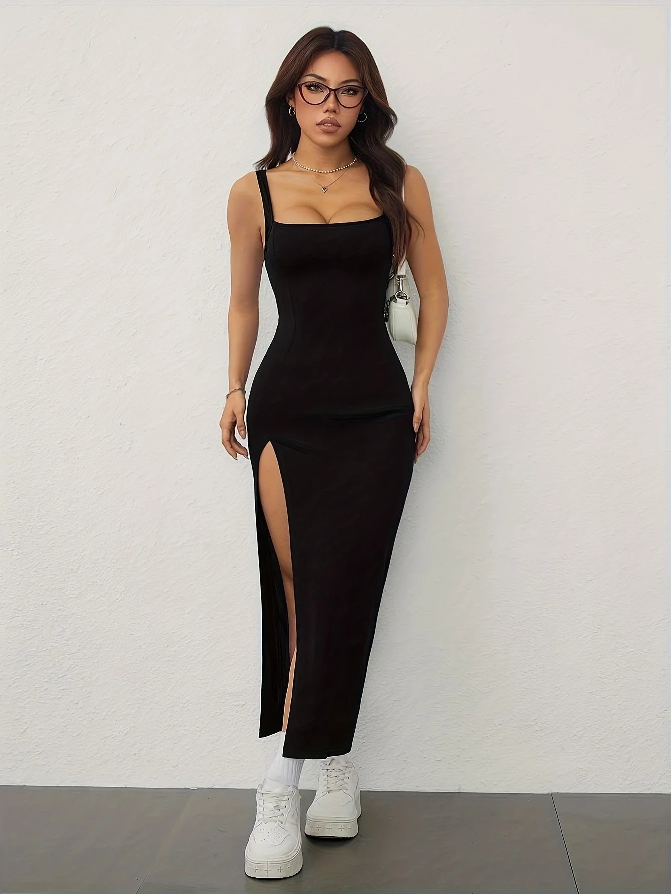 Women's Spring/Summer Sexy Elegant Square Neck Off-Shoulder Backless Split Hip Strappy Dress
