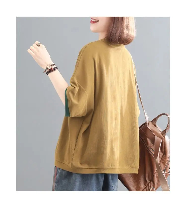 Female Korean Casual Letter Printed Round Neck T-shirt Summer Loose All-match Contrast Color Half Sleeve Tops Womens Clothing