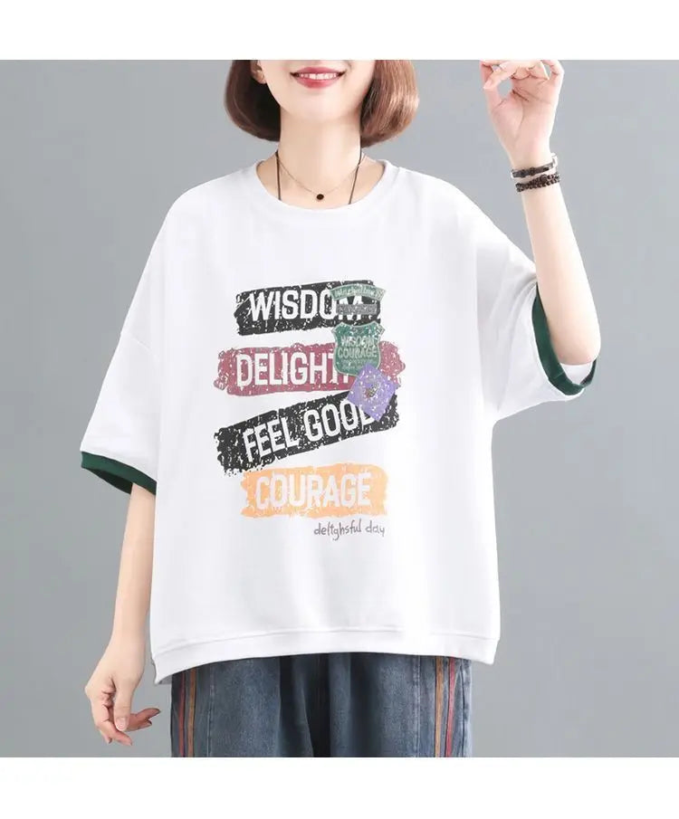 Female Korean Casual Letter Printed Round Neck T-shirt Summer Loose All-match Contrast Color Half Sleeve Tops Womens Clothing