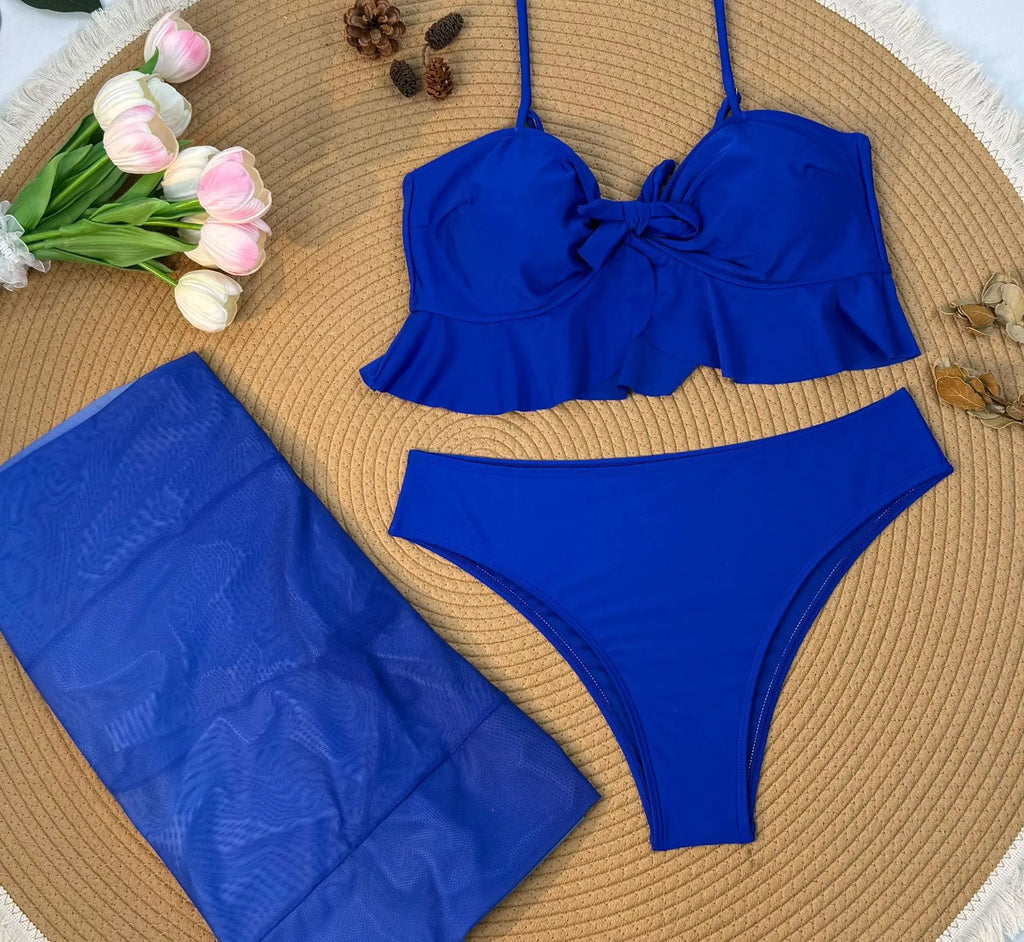 Cikini Sexy Gradient Color Three Piece Swimsuit Mesh Bikinis Set Summer Beach Swimwear Bathing Suit For Women