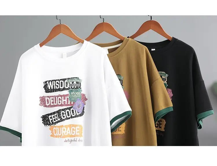 Female Korean Casual Letter Printed Round Neck T-shirt Summer Loose All-match Contrast Color Half Sleeve Tops Womens Clothing