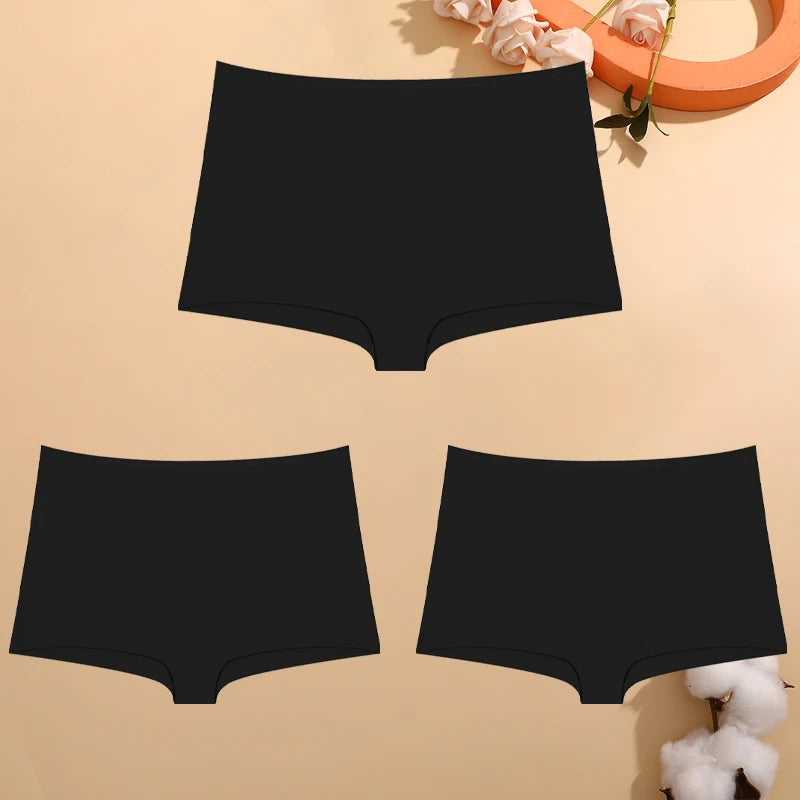 FINETOO 3PCS Women's Cotton Boyshort Panties Breathable Low Waist Solid Colors Underwear Female Casual Sports Boxers Underpants
