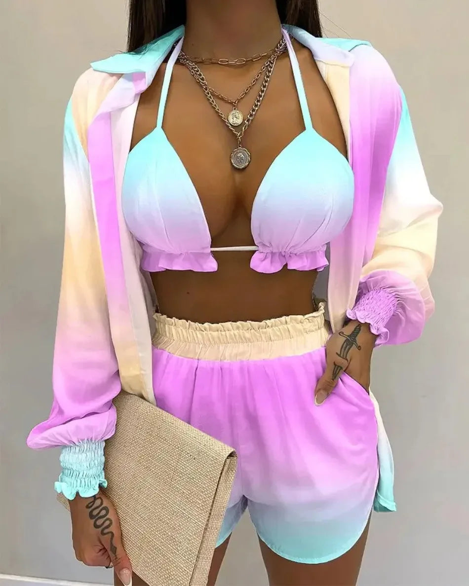 2026 New Bathing Suit Shorts Cover Up Summer Three Pieces Swimwear Sexy Beachwear High Waist Bikini Set Print Women's Swimsuit