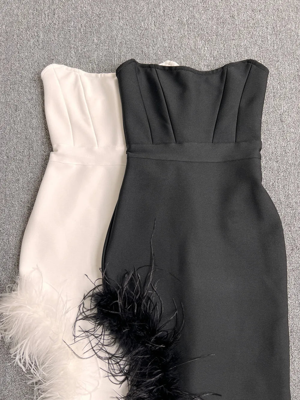 New Women Sexy Strapless Black White Feather Midi Bandage Dress 2026 Split Knitted Elegant Evening Bodycon Party Dress