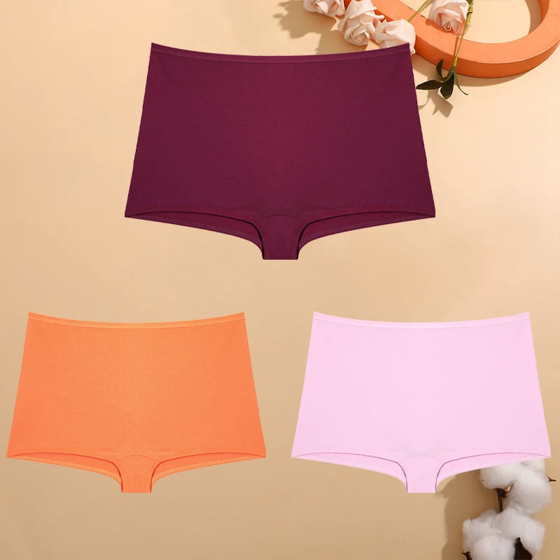 FINETOO 3PCS Women's Cotton Boyshort Panties Breathable Low Waist Solid Colors Underwear Female Casual Sports Boxers Underpants