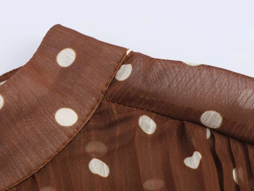 Vintage Brown Polka Dot Print Long Puff Sleeve Chiffon Dress Woman Pleated Front Slim High Waist Ankle Length Dress Robe