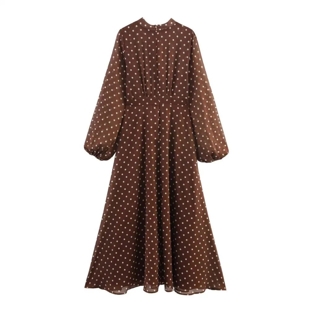 Vintage Brown Polka Dot Print Long Puff Sleeve Chiffon Dress Woman Pleated Front Slim High Waist Ankle Length Dress Robe
