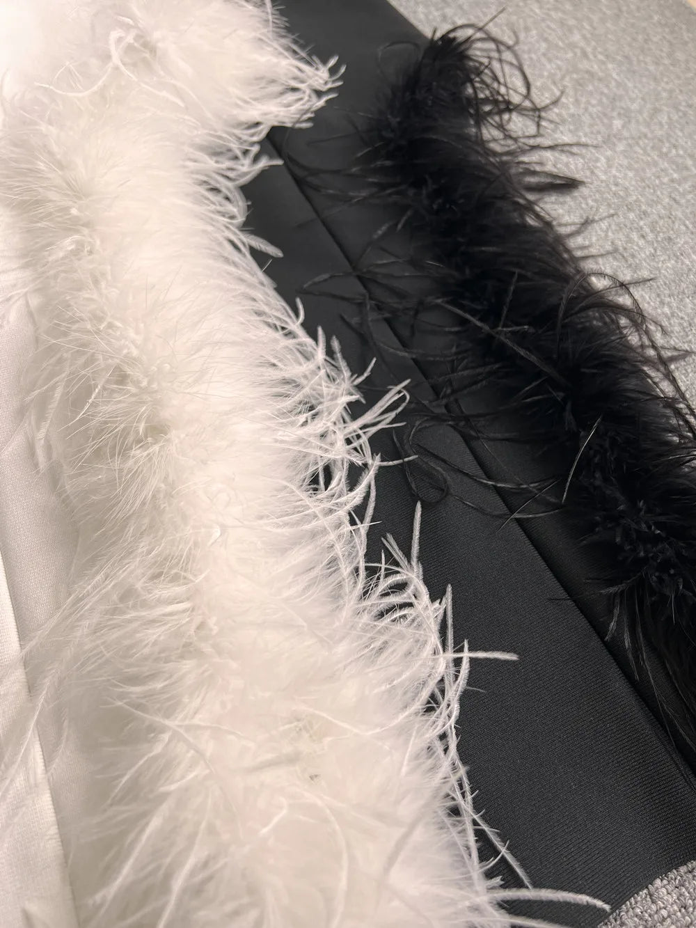 New Women Sexy Strapless Black White Feather Midi Bandage Dress 2026 Split Knitted Elegant Evening Bodycon Party Dress