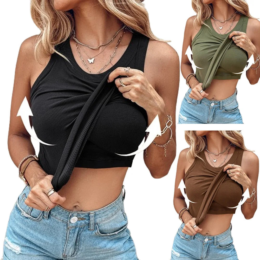 T shirt women 2026 summer bra round neck solid color sleeveless vest women feel bottom top women's tshirt clothing TXGL507