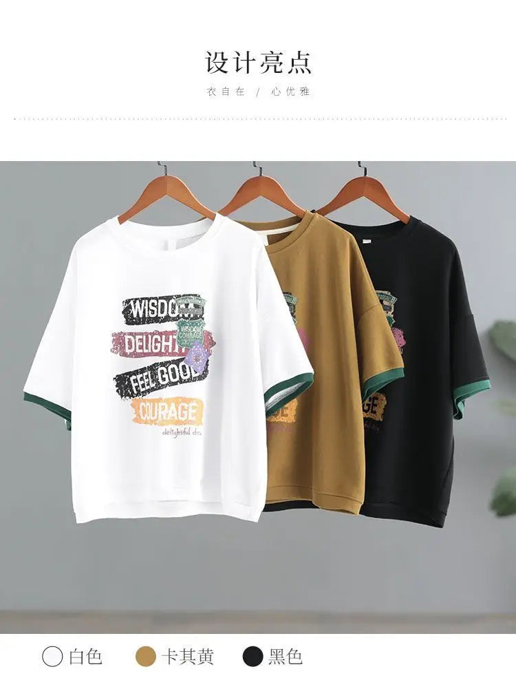 Female Korean Casual Letter Printed Round Neck T-shirt Summer Loose All-match Contrast Color Half Sleeve Tops Womens Clothing