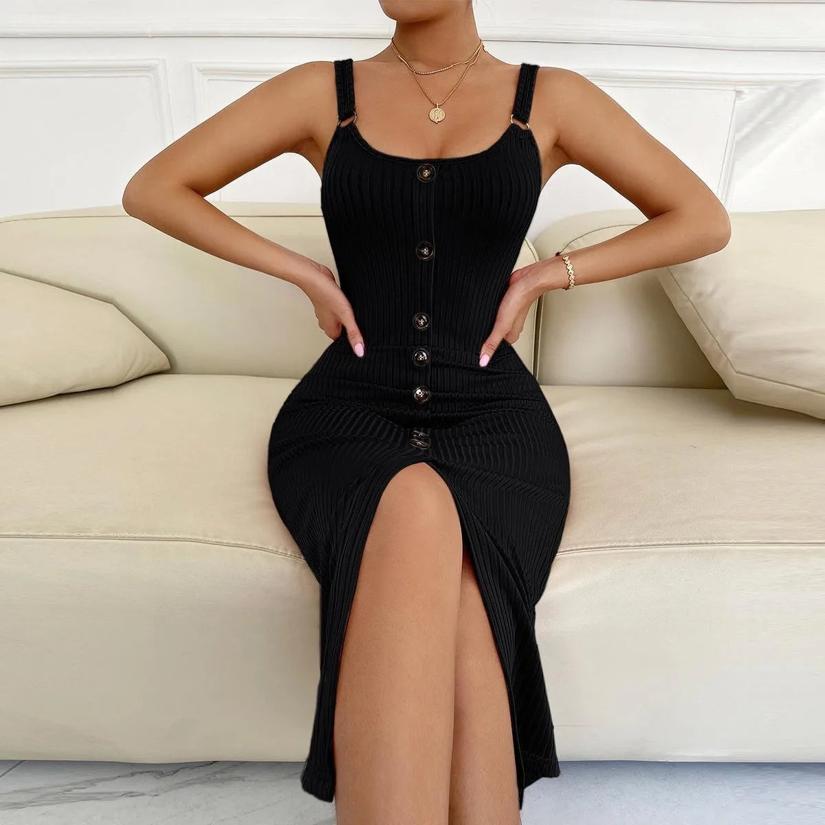 Women's Spring/Summer Faux-Button Knit Tank Dress, Slim Fit Sexy V-Neck Slit Bodycon Dress for Daily & Party Wear