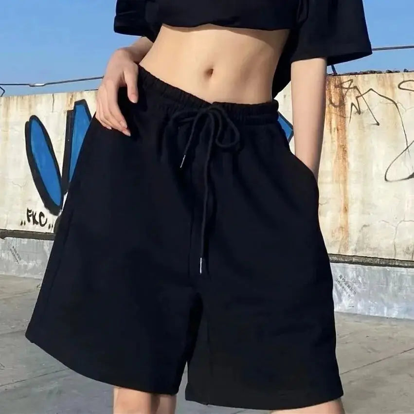 American Style Street Cotton Loose Casual Wide Leg Pants, High Waisted Shorts Suitable for Both Men and Women