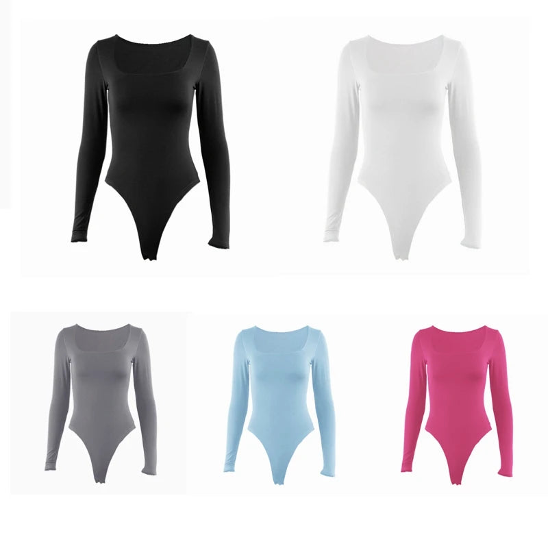 Long Sleeve Bodysuits Spring 2026 Square-Cut Collar Solid Bodycon Elastic Romper Sexy Y2k Women Clothing Fashion Club Party 2520