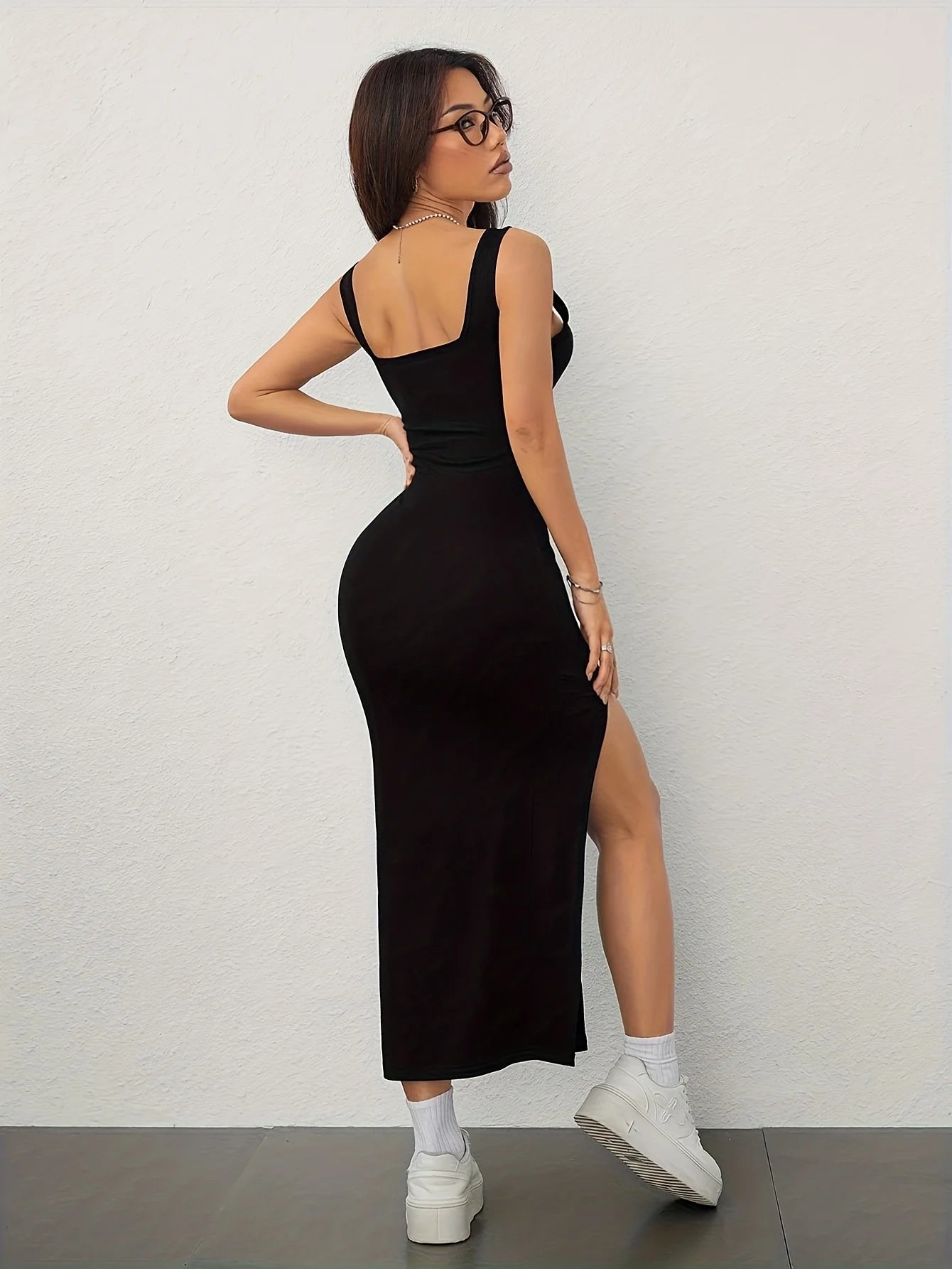 Women's Spring/Summer Sexy Elegant Square Neck Off-Shoulder Backless Split Hip Strappy Dress