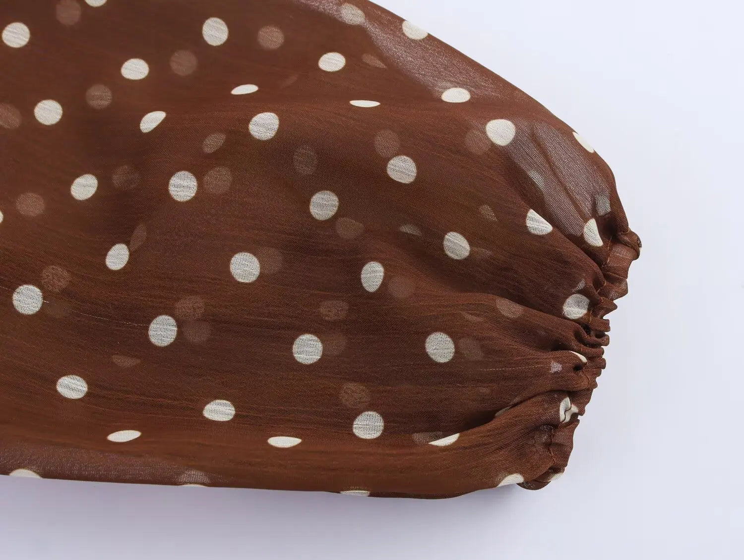 Vintage Brown Polka Dot Print Long Puff Sleeve Chiffon Dress Woman Pleated Front Slim High Waist Ankle Length Dress Robe