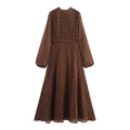 Vintage Brown Polka Dot Print Long Puff Sleeve Chiffon Dress Woman Pleated Front Slim High Waist Ankle Length Dress Robe